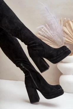 Damskie Boto Kozaki Z Cholewką Za Kolano Na Słupku I Platformie Czarne Nadelian