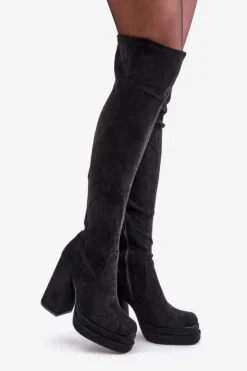 Damskie Boto Kozaki Z Cholewką Za Kolano Na Słupku I Platformie Czarne Nadelian