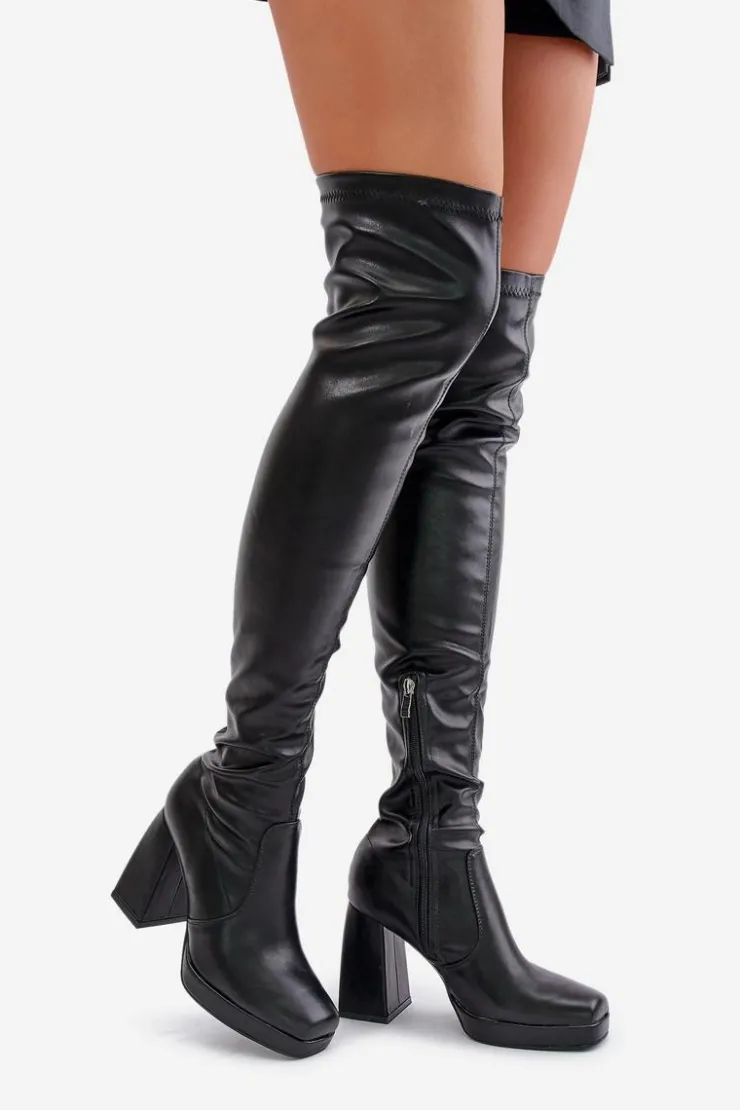 Damskie Boto Kozaki Z Cholewką Za Kolano Na Słupku Czarne Liatheia