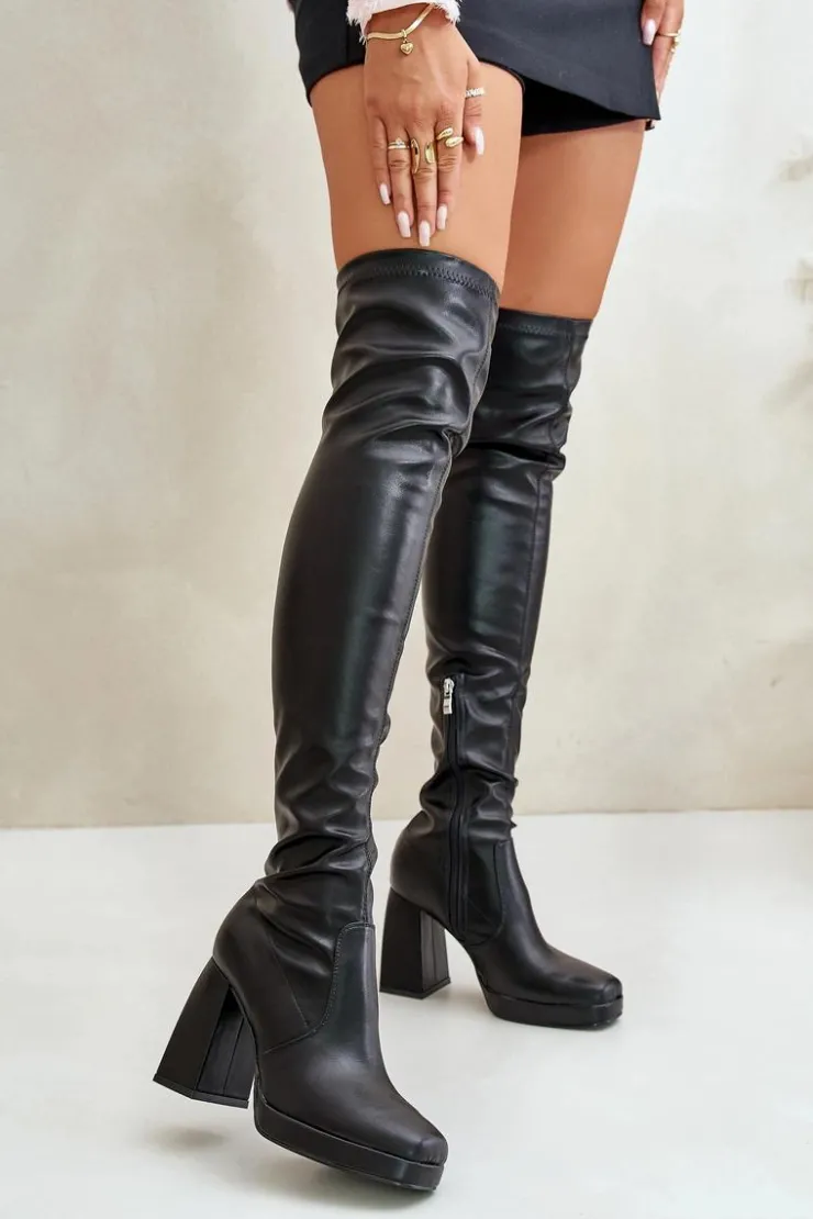 Damskie Boto Kozaki Z Cholewką Za Kolano Na Słupku Czarne Liatheia