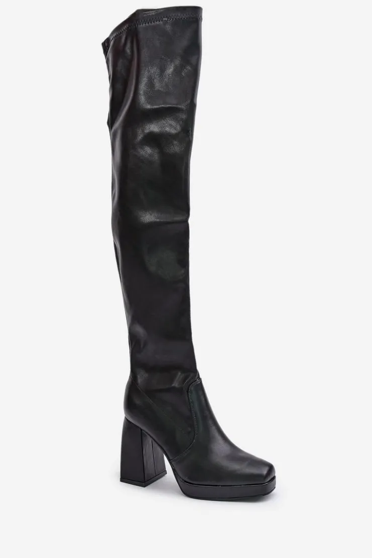 Damskie Boto Kozaki Z Cholewką Za Kolano Na Słupku Czarne Liatheia