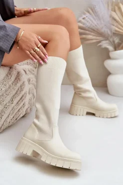 Damskie Boto Kozaki Z Elastyczną Cholewką Na Płaskim Obcasie Jasnobeżowe Mesidra