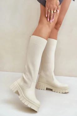 Damskie Boto Kozaki Z Elastyczną Cholewką Na Płaskim Obcasie Jasnobeżowe Mesidra