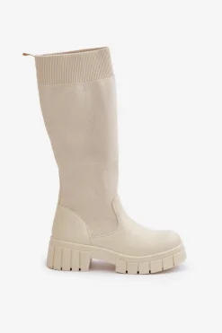 Damskie Boto Kozaki Z Elastyczną Cholewką Na Płaskim Obcasie Jasnobeżowe Mesidra