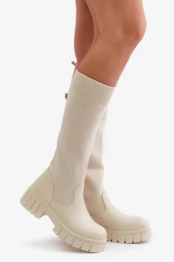 Damskie Boto Kozaki Z Elastyczną Cholewką Na Płaskim Obcasie Jasnobeżowe Mesidra