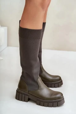 Online Boto Kozaki Z Elastyczną Cholewką Na Płaskim Obcasie Ciemnozielone Mesidra Zielony