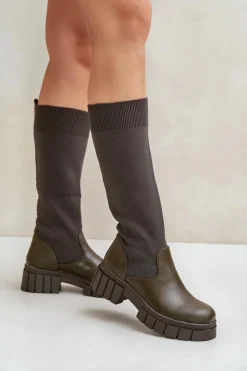 Online Boto Kozaki Z Elastyczną Cholewką Na Płaskim Obcasie Ciemnozielone Mesidra Zielony