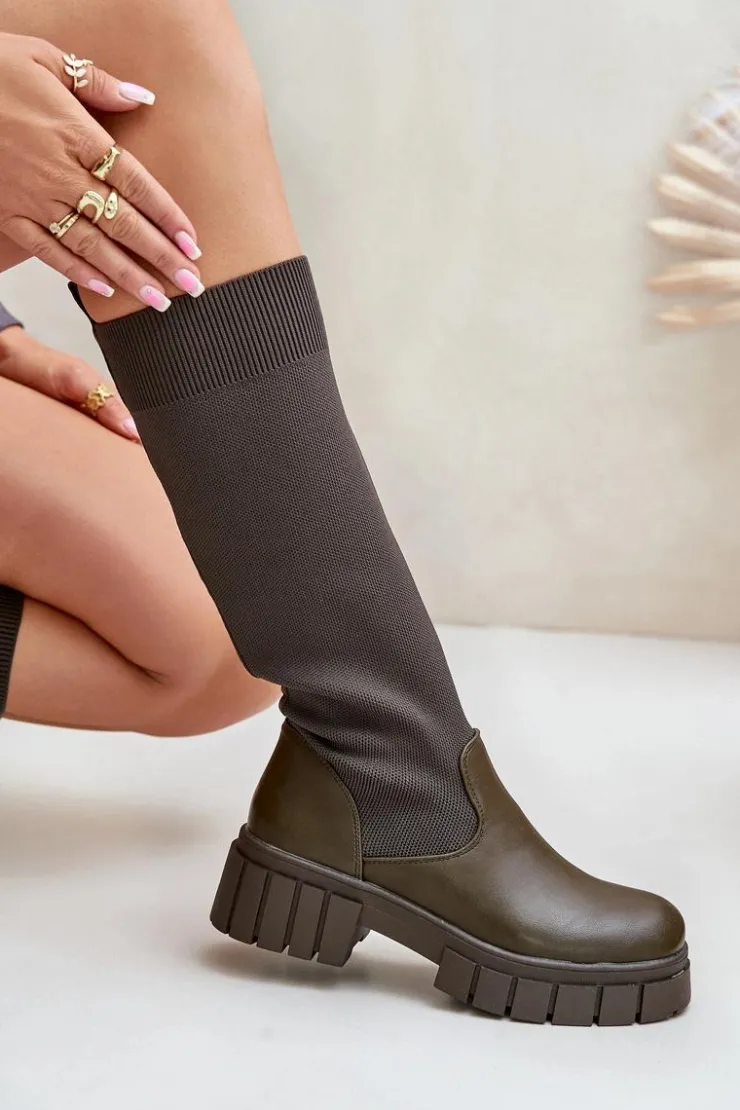 Online Boto Kozaki Z Elastyczną Cholewką Na Płaskim Obcasie Ciemnozielone Mesidra Zielony