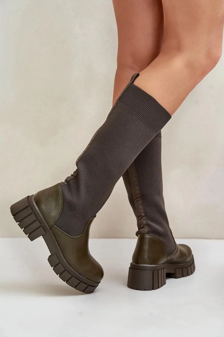 Online Boto Kozaki Z Elastyczną Cholewką Na Płaskim Obcasie Ciemnozielone Mesidra Zielony