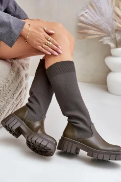 Online Boto Kozaki Z Elastyczną Cholewką Na Płaskim Obcasie Ciemnozielone Mesidra Zielony