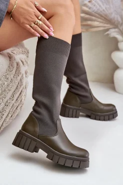 Online Boto Kozaki Z Elastyczną Cholewką Na Płaskim Obcasie Ciemnozielone Mesidra Zielony