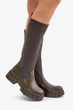Online Boto Kozaki Z Elastyczną Cholewką Na Płaskim Obcasie Ciemnozielone Mesidra Zielony