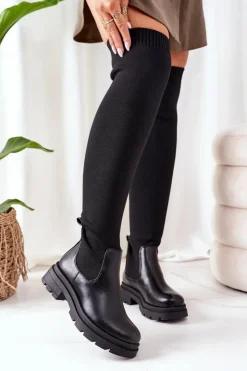 Boto Kozaki Płaskie*Kozaki Z Elastycznej Tkaniny Za Kolano Czarne Ice Coffee