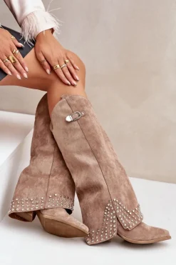 Damskie Boto Kozaki Z Wywiniętą Cholewką Na Słupku Ciemnobeżowe Iveliri