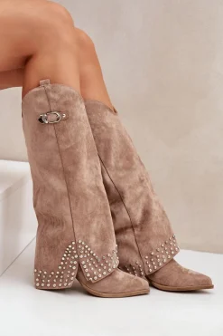 Damskie Boto Kozaki Z Wywiniętą Cholewką Na Słupku Ciemnobeżowe Iveliri