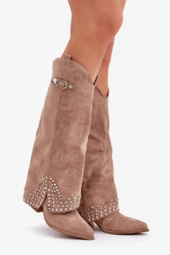 Damskie Boto Kozaki Z Wywiniętą Cholewką Na Słupku Ciemnobeżowe Iveliri