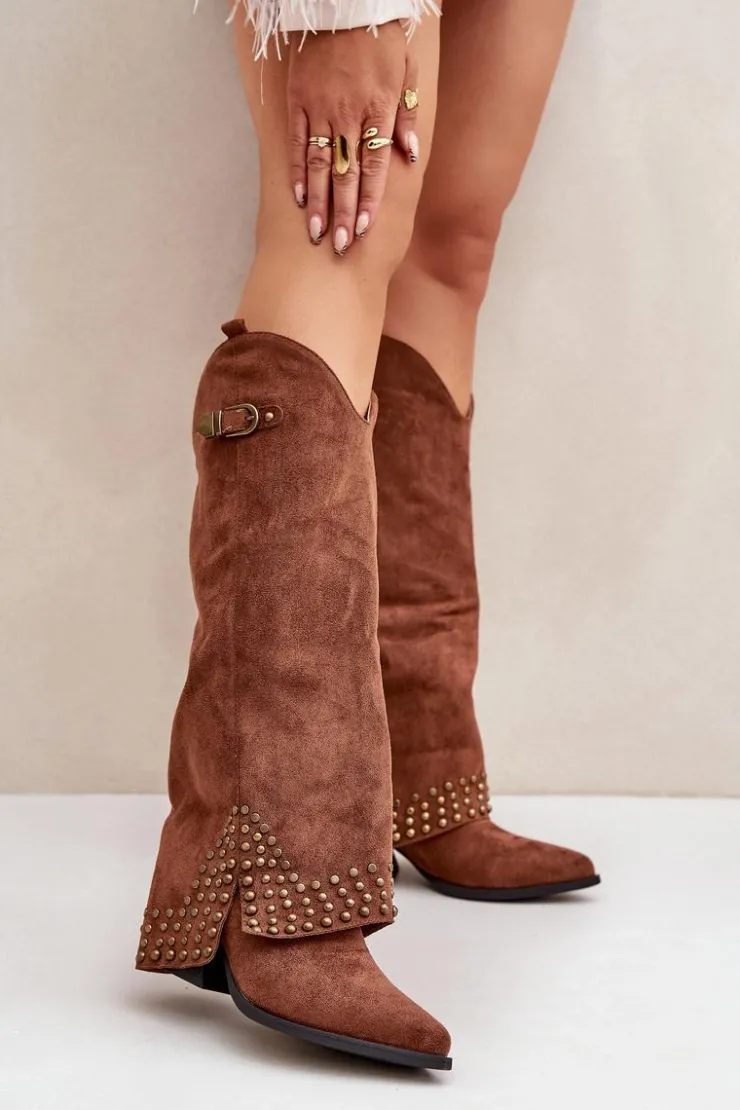 Boto Kozaki Z Wywiniętą Cholewką Na Słupku Brązowe Iveliri Brązowy