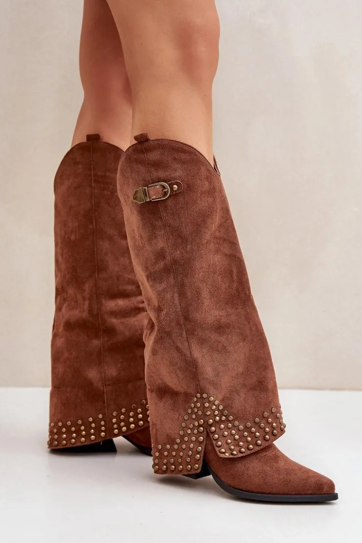 Boto Kozaki Z Wywiniętą Cholewką Na Słupku Brązowe Iveliri Brązowy