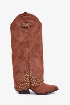 Boto Kozaki Z Wywiniętą Cholewką Na Słupku Brązowe Iveliri Brązowy