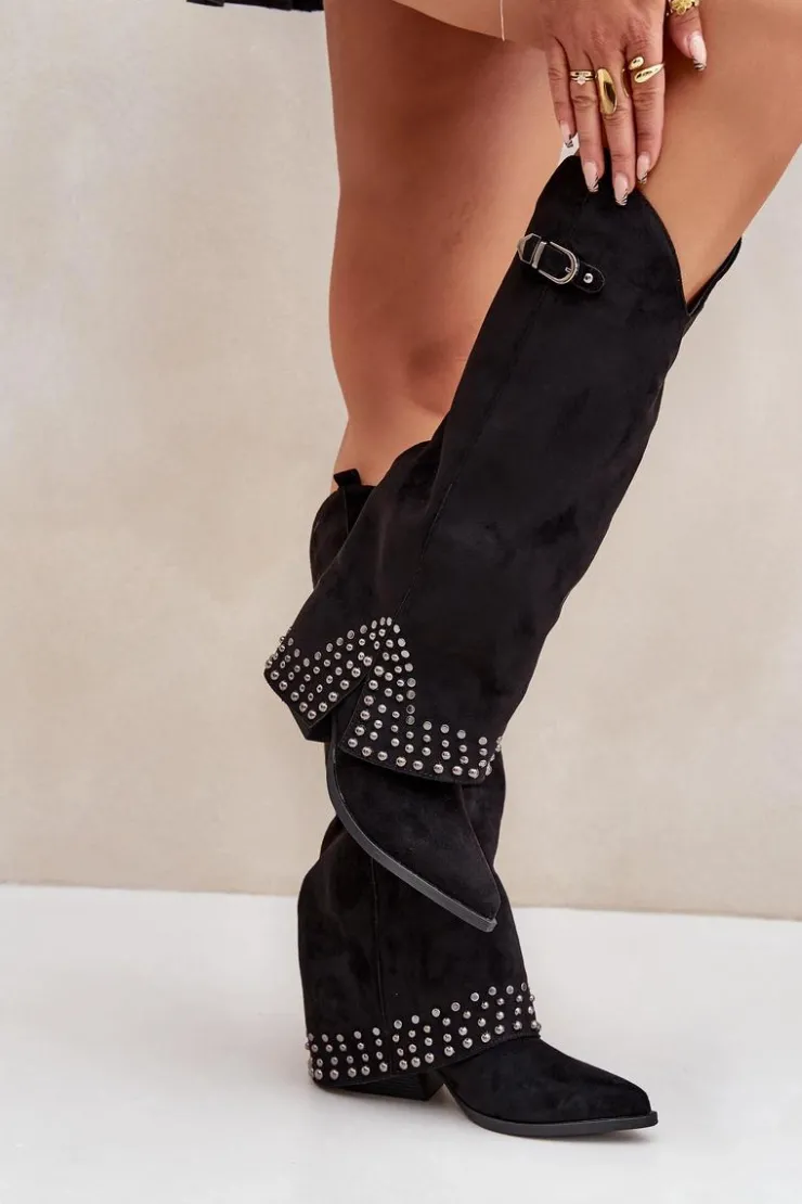 Boto Kozaki Na Słupku|Kozaki Z Wywiniętą Cholewką*Kozaki Z Wywiniętą Cholewką Na Słupku Czarne Iveliri Czarny