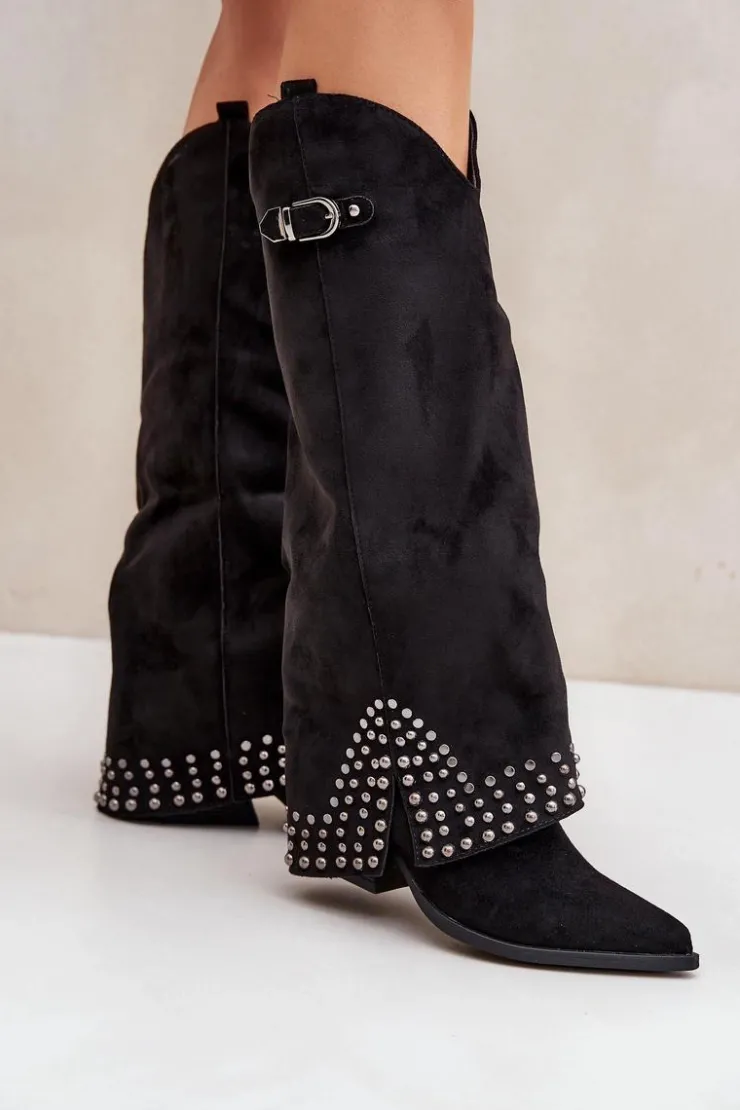 Boto Kozaki Na Słupku|Kozaki Z Wywiniętą Cholewką*Kozaki Z Wywiniętą Cholewką Na Słupku Czarne Iveliri Czarny