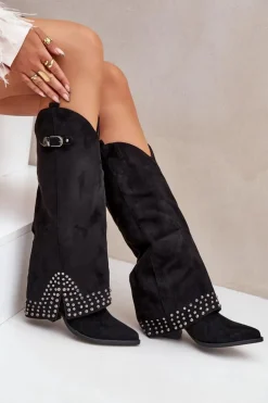 Boto Kozaki Na Słupku|Kozaki Z Wywiniętą Cholewką*Kozaki Z Wywiniętą Cholewką Na Słupku Czarne Iveliri Czarny