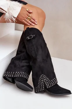 Boto Kozaki Na Słupku|Kozaki Z Wywiniętą Cholewką*Kozaki Z Wywiniętą Cholewką Na Słupku Czarne Iveliri Czarny