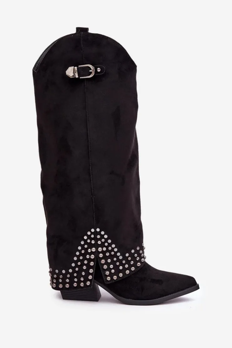 Boto Kozaki Na Słupku|Kozaki Z Wywiniętą Cholewką*Kozaki Z Wywiniętą Cholewką Na Słupku Czarne Iveliri Czarny