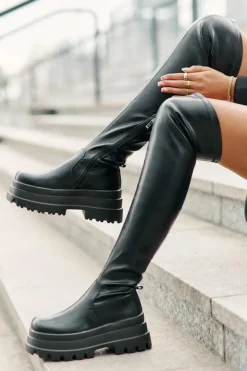 Sale Boto Kozaki Za Kolano Na Masywnej Platformie Czarne Zinera