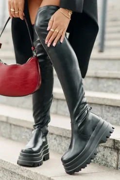 Sale Boto Kozaki Za Kolano Na Masywnej Platformie Czarne Zinera