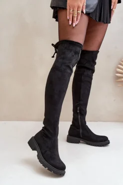 New Boto Kozaki Za Kolano Na Płaskim Obcasie Z Eko Zamszu Czarne Arkelia Czarny