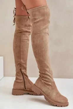 Boto Kozaki Za Kolano Na Płaskim Obcasie Z Eko Zamszu Beżowe Arkelia Beżowy