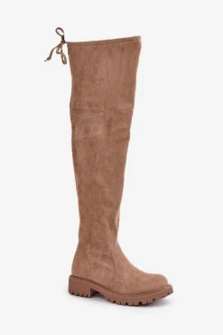 Boto Kozaki Za Kolano Na Płaskim Obcasie Z Eko Zamszu Beżowe Arkelia Beżowy