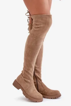Boto Kozaki Za Kolano Na Płaskim Obcasie Z Eko Zamszu Beżowe Arkelia Beżowy