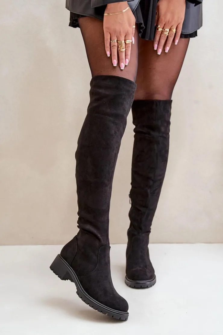 Hot Boto Kozaki Za Kolano Na Płaskim Obcasie Czarne Filora