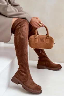 Boto Kozaki Ocieplane|Muszkieterki*Kozaki Za Kolano Na Płaskim Obcasie Z Eko Zamszu Brązowe Arkelia