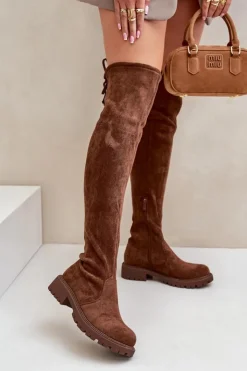 Boto Kozaki Ocieplane|Muszkieterki*Kozaki Za Kolano Na Płaskim Obcasie Z Eko Zamszu Brązowe Arkelia