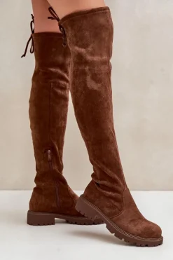 Boto Kozaki Ocieplane|Muszkieterki*Kozaki Za Kolano Na Płaskim Obcasie Z Eko Zamszu Brązowe Arkelia