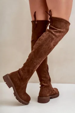 Boto Kozaki Ocieplane|Muszkieterki*Kozaki Za Kolano Na Płaskim Obcasie Z Eko Zamszu Brązowe Arkelia