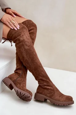 Boto Kozaki Ocieplane|Muszkieterki*Kozaki Za Kolano Na Płaskim Obcasie Z Eko Zamszu Brązowe Arkelia