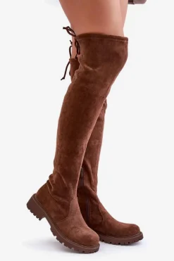 Boto Kozaki Ocieplane|Muszkieterki*Kozaki Za Kolano Na Płaskim Obcasie Z Eko Zamszu Brązowe Arkelia