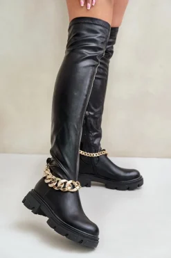 Damskie Boto Kozaki Za Kolano Na Płaskim Obcasie Z Łańcuchem Pemeriana