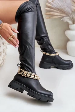 Damskie Boto Kozaki Za Kolano Na Płaskim Obcasie Z Łańcuchem Pemeriana
