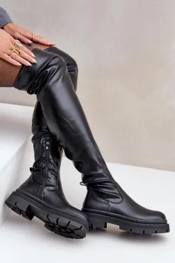 Hot Boto Kozaki Za Kolano Na Płaskim Obcasie Czarne Feliri