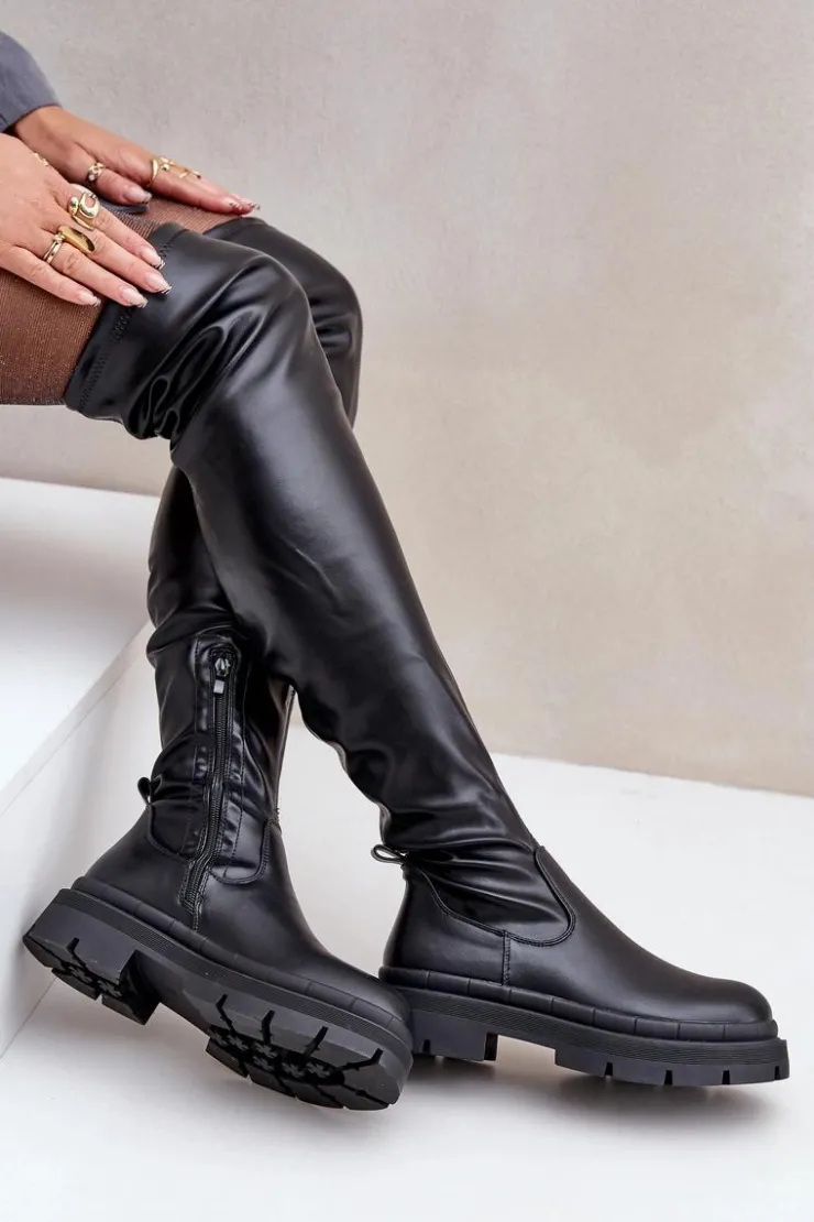 Hot Boto Kozaki Za Kolano Na Płaskim Obcasie Czarne Feliri