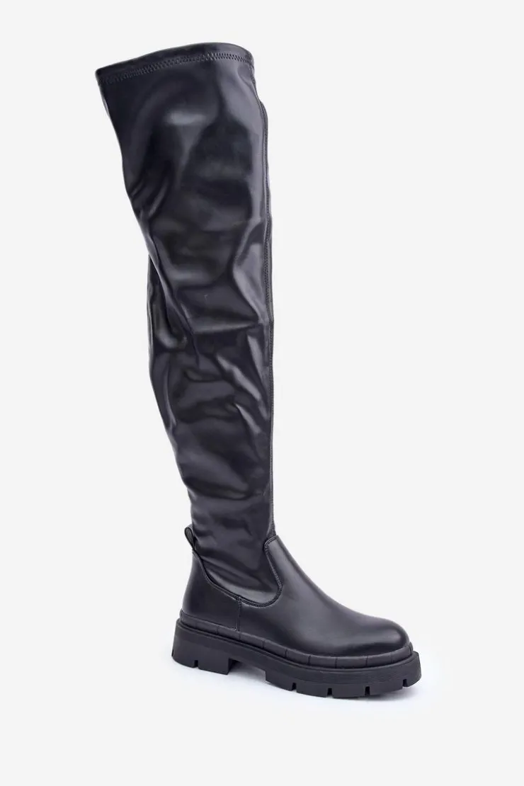 Hot Boto Kozaki Za Kolano Na Płaskim Obcasie Czarne Feliri