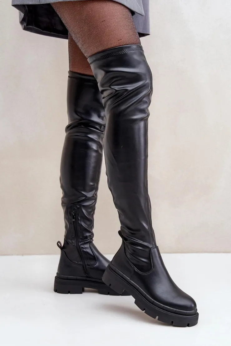 Hot Boto Kozaki Za Kolano Na Płaskim Obcasie Czarne Feliri