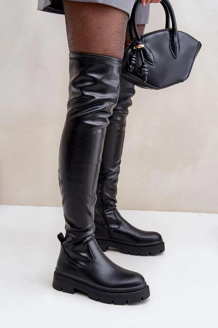 Hot Boto Kozaki Za Kolano Na Płaskim Obcasie Czarne Feliri