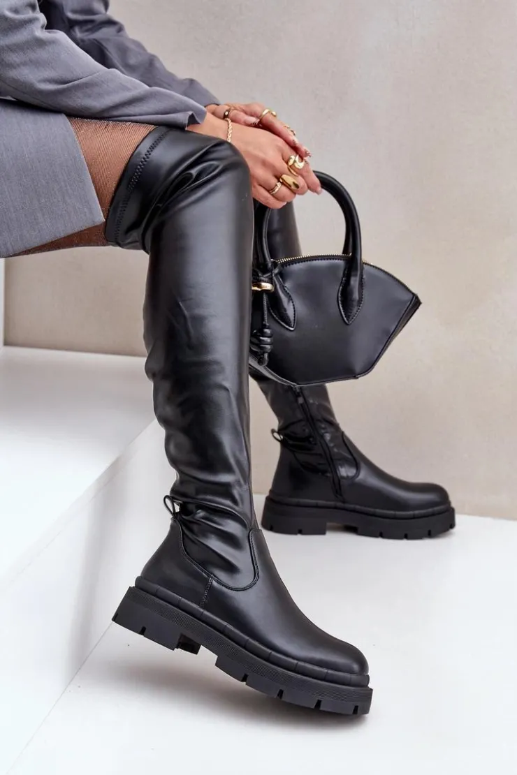 Hot Boto Kozaki Za Kolano Na Płaskim Obcasie Czarne Feliri