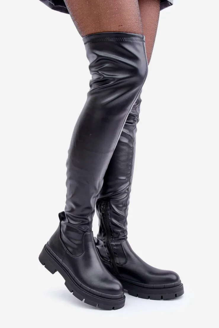 Hot Boto Kozaki Za Kolano Na Płaskim Obcasie Czarne Feliri